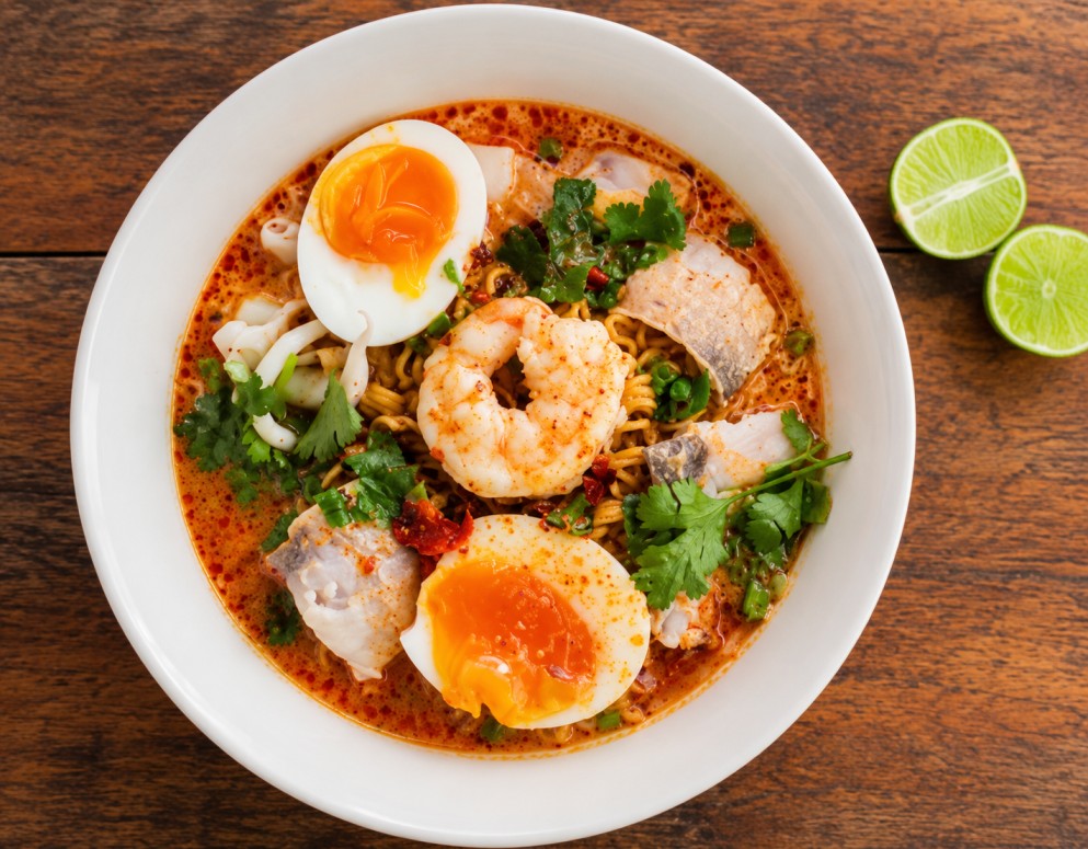 ก๋วยเตี๋ยวต้มยำกุ้งน้ำข้นใส่ไข่ยางมะตูม (Tom Yum Goong Noodle Soup with Soft-Boiled Egg)
