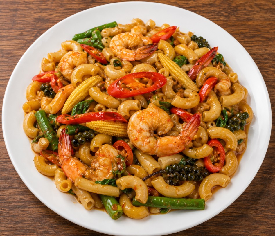 มักกะโรนีผัดขี้เมาซีฟู้ด (Spicy stir-fried macaroni seafood)