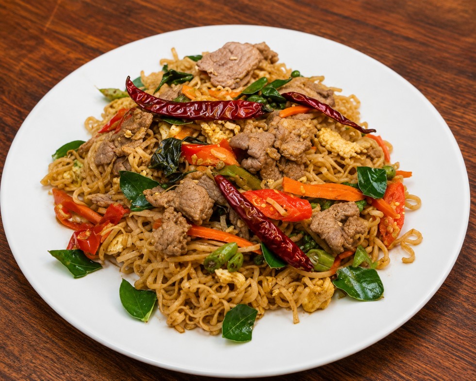 มาม่าผัดขี้เมาหมู (Spicy Stir-fried Instant Noodles with Pork)