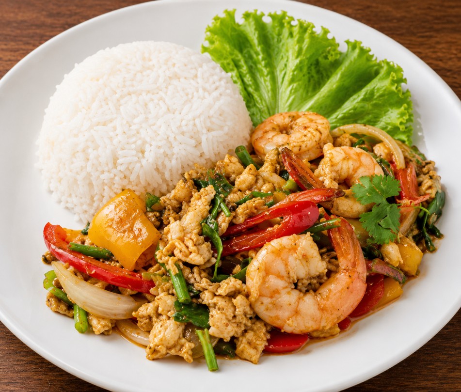 ผัดกะเพราไก่สับใส่กุ้งและผัก (Stir-fried Minced  with Shrimp and Vegetables)
