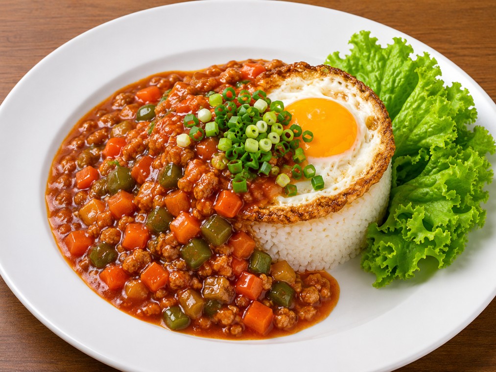 ข้าวไข่ดาวราดซอสหมูสับทรงเครื่อง (Rice with fried egg and seasoned minced pork sauce)