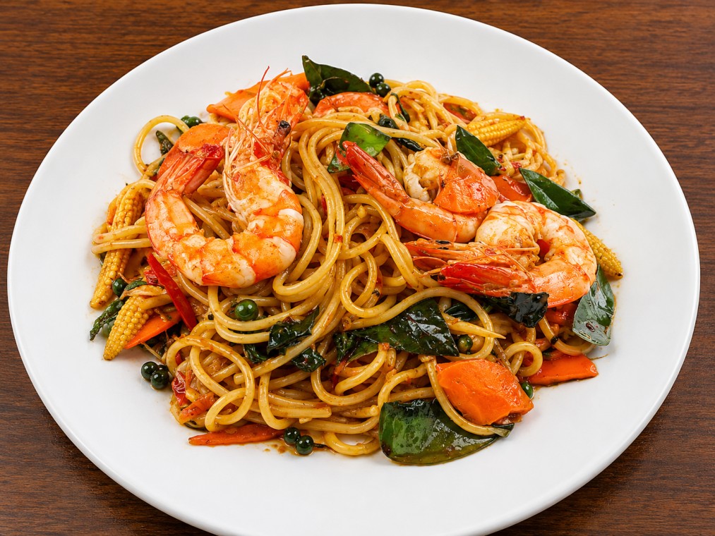 สปาเกตตีผัดเผ็ดกุ้ง (Spicy Stir-fried Spaghetti with Shrimp)