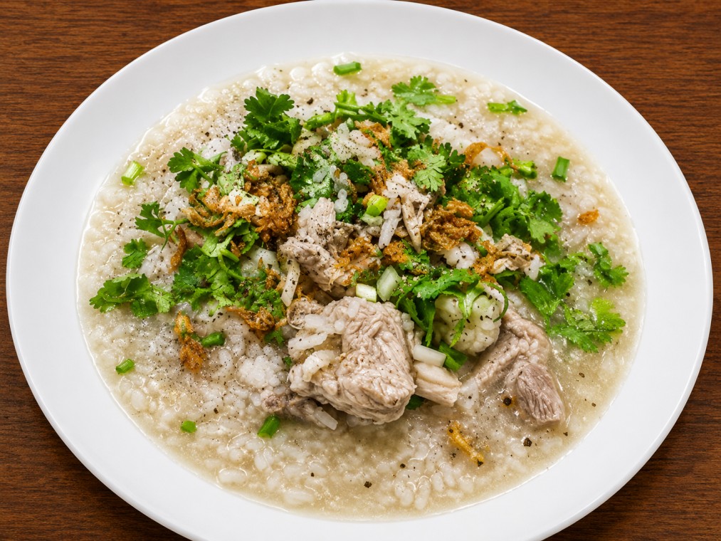 ข้าวต้มหมูสับกระดูกอ่อน (Rice porridge with minced pork and soft bone)