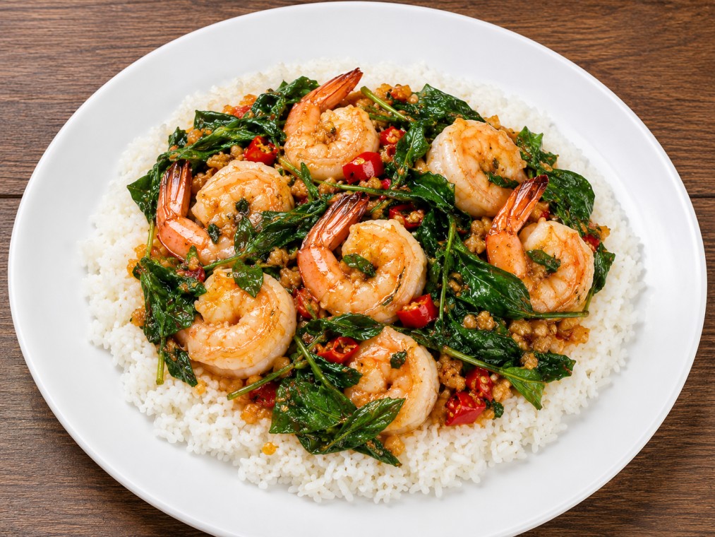 กะเพรากุ้งราดข้าว (Rice Topped with Stir-fried Holy Basil and Shrimp)