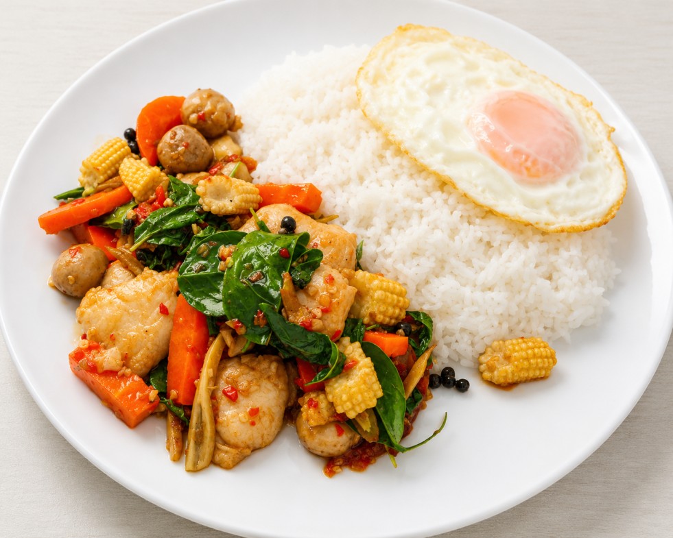 ข้าวราดปลาผัดฉ่าใส่+ไข่ดาว (Rice topped with stir-fried fish and a fried egg)