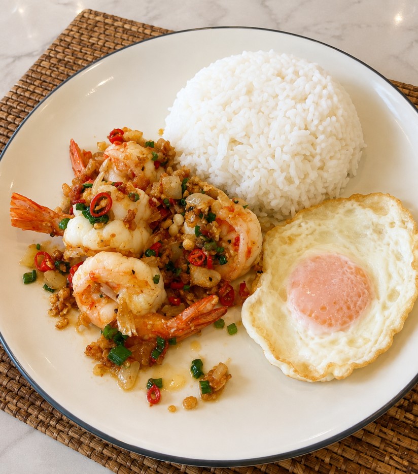 ข้าวราดกุ้งผัดพริกเกลือกับไข่ดาว (Stir-fried shrimp with chili and salt, served with rice and a fried egg)