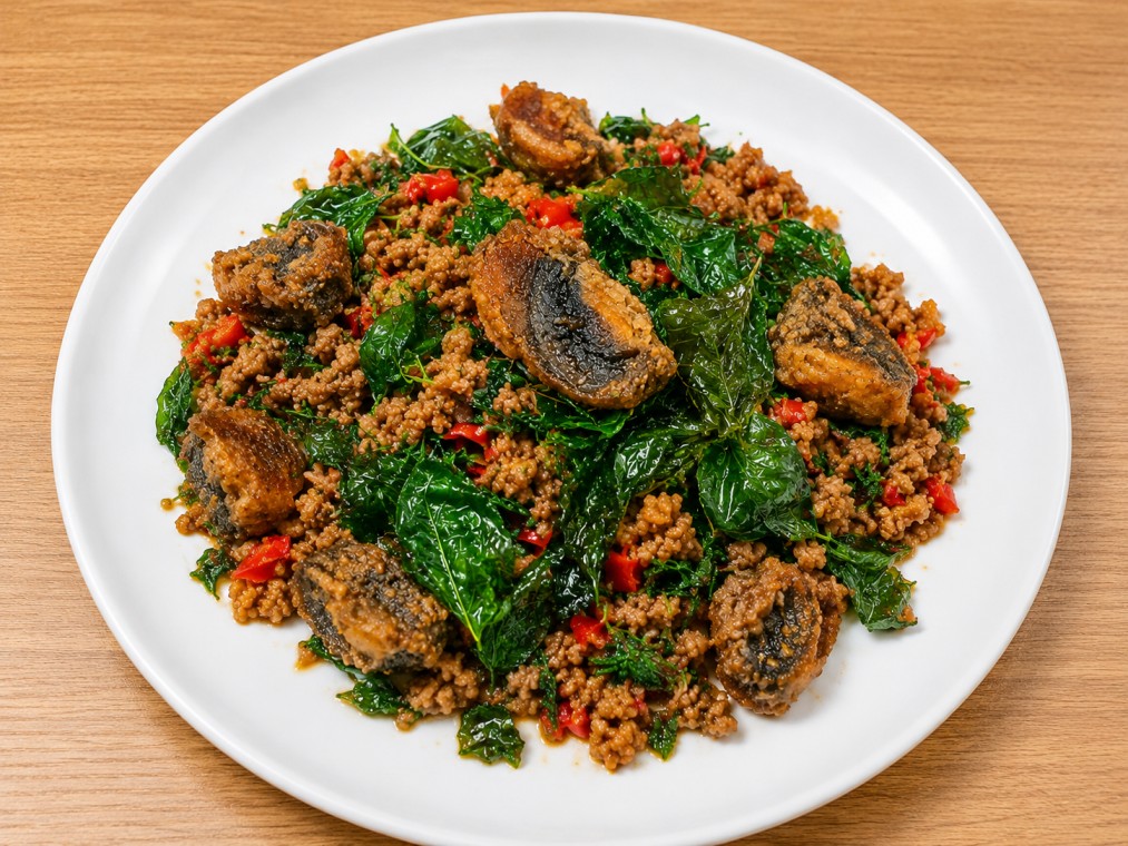 ผัดกะเพราหมูกรอบปลากรอบ (Stir-fried Basil with Minced Pork and Crispy Fish)
