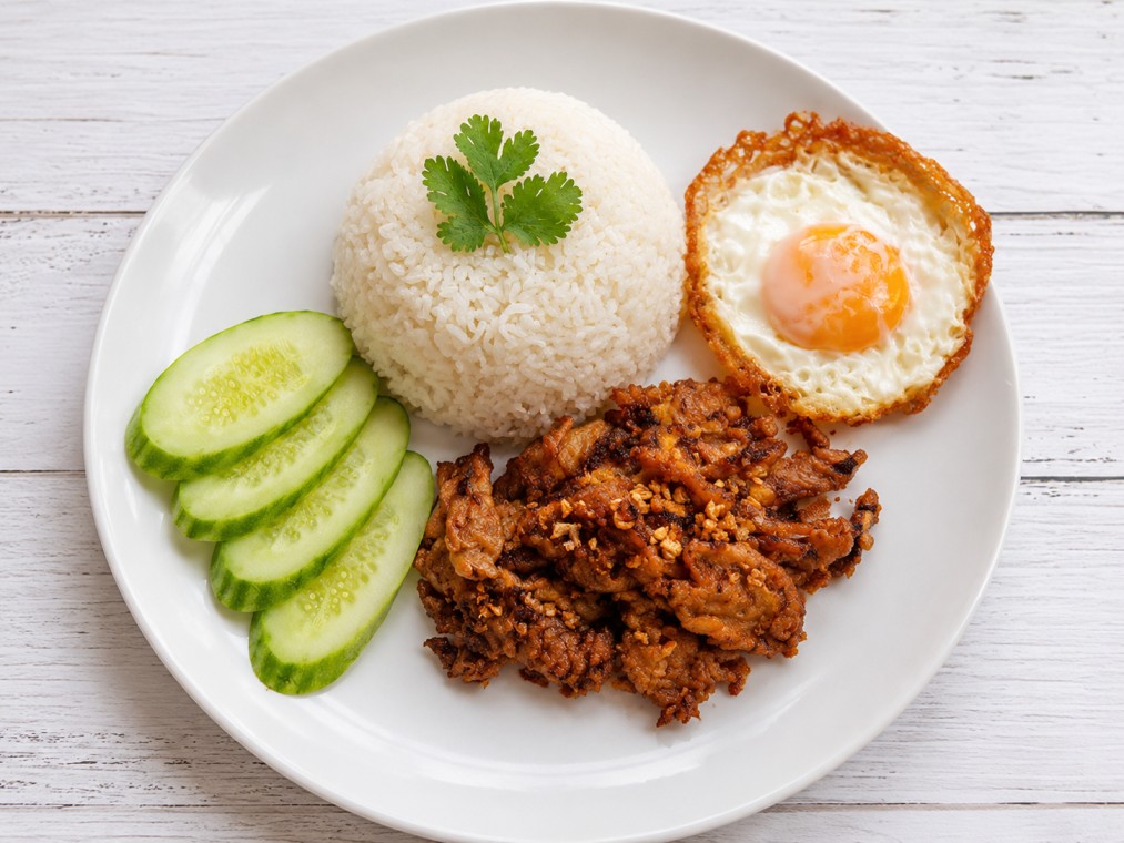 ข้าวหมูทอดกระเทียมไข่ดาว (Rice with fried pork, garlic and fried egg)