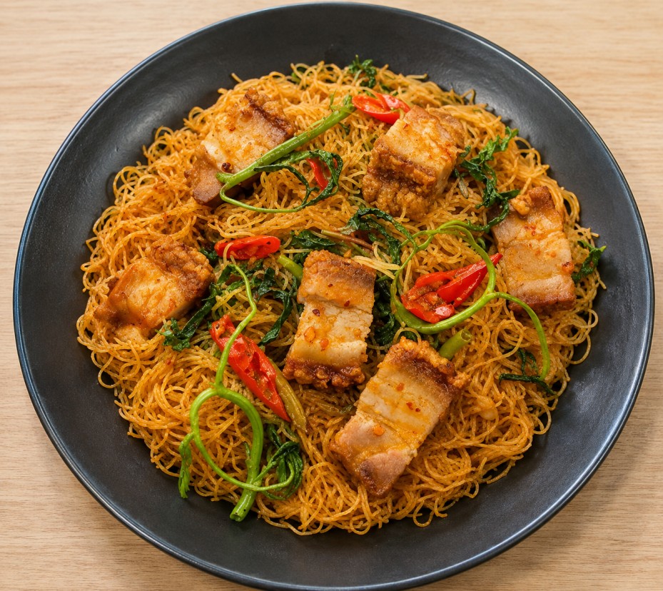 ผัดหมี่กระเฉดหมูกรอบ (Stir-fried noodles with water spinach and crispy pork)