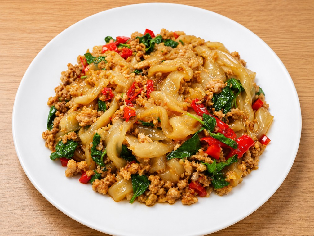 เส้นใหญ่ผัดกระเพราหมูสับ (Stir-fried wide rice noodles with minced pork and basil)
