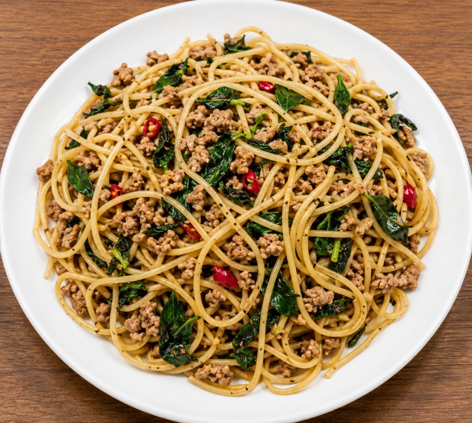 สปาเกตตีผัดกะเพราหมูสับ (Spaghetti with Minced Pork and Thai Basil)