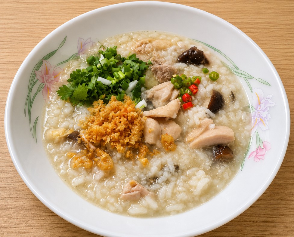 โจ๊กไก่สับเห็ดหอม (Rice porridge with minced chicken and shiitake mushrooms)
