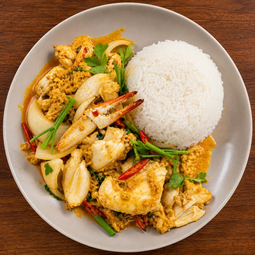 ปูก้อนผัดผงกะหรี่ราดข้าว (Stir-fried crab meat with curry powder served over rice)