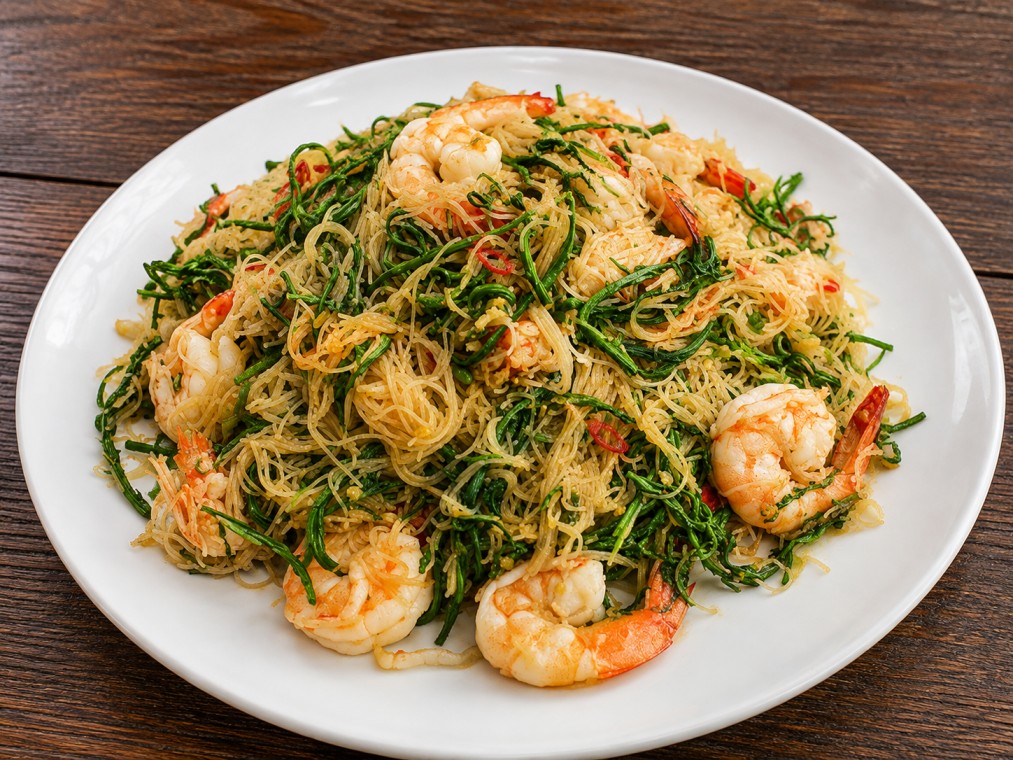 วุ้นเส้นผัดกุ้งและผัก (Stir-fried Vermicelli with Shrimp and Vegetables)