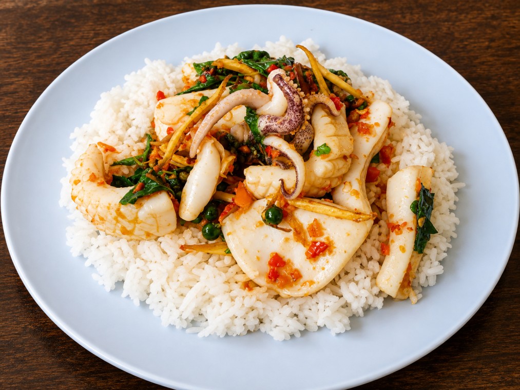 ข้าวราดผัดทะเล (Rice Topped with Stir-fried Seafood)