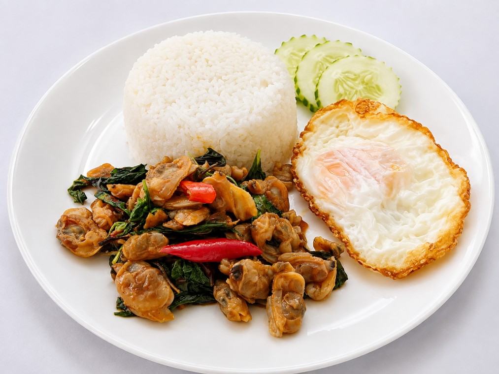 ข้าวหอยลายผัดพริกเผาไข่ดาว (Stir-fried rice with clams in chili paste and a fried egg)