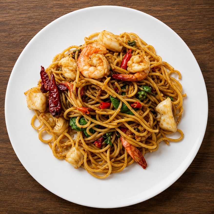 สปาเก็ตตี้ผัดขี้เมากุ้ง (Spicy Stir-fried Spaghetti with Shrimp)