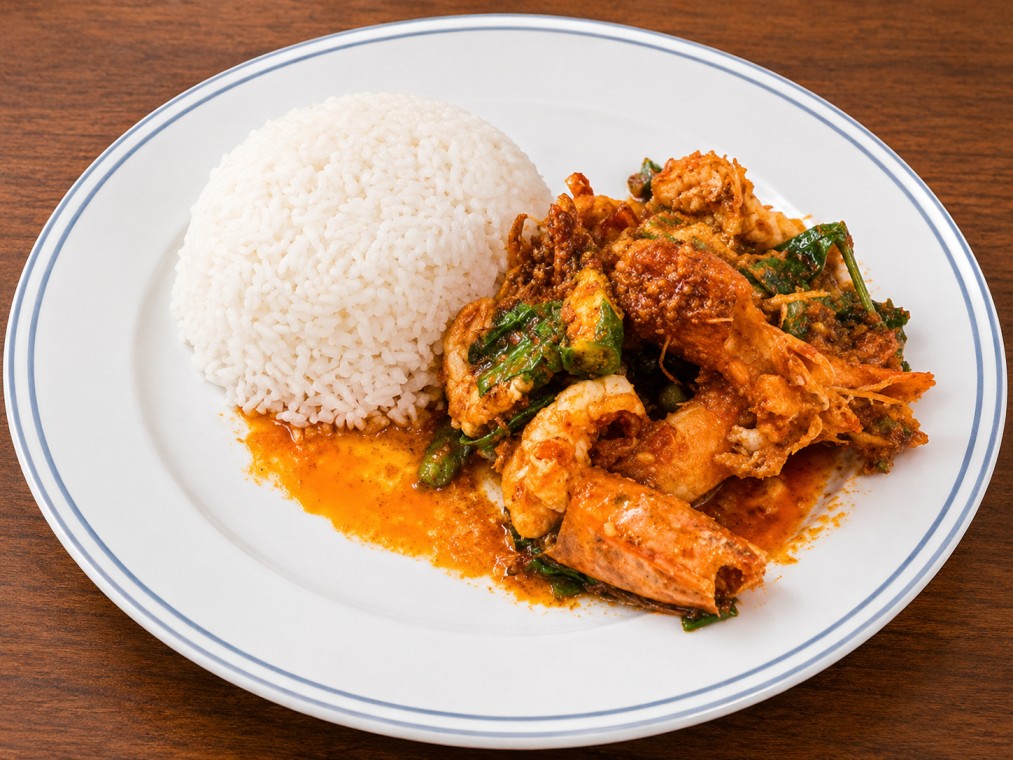 ข้าวราดฉู่ฉี่กุ้ง (Shrimp in red curry sauce)