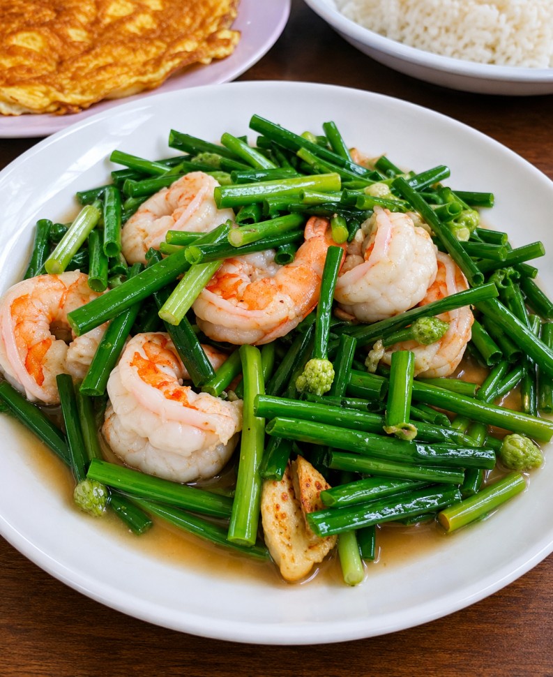 ดอกกุยช่ายผัดกุ้ง (Stir-fried chive flowers with shrimp)