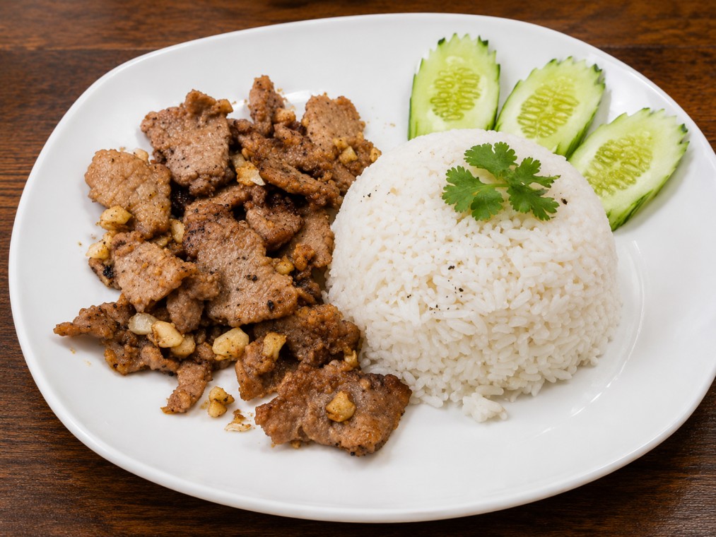 เนื้อกระเทียมราดข้าว (Garlic-flavored meat over rice)