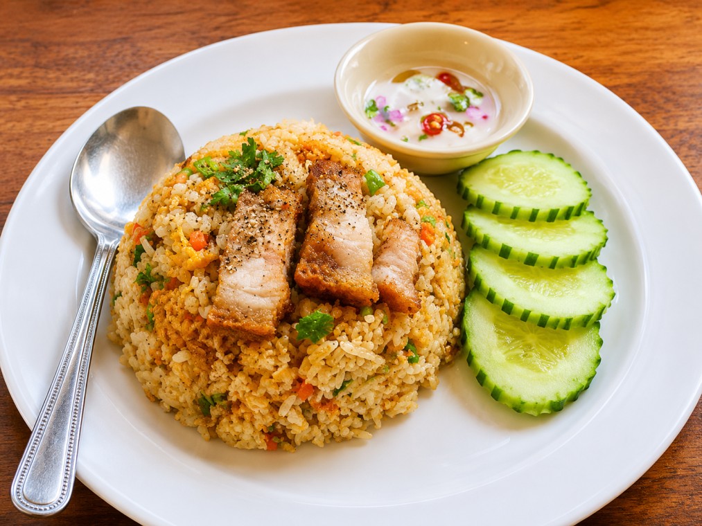 ข้าวผัดหมูกรอบ (Fried rice with crispy pork)