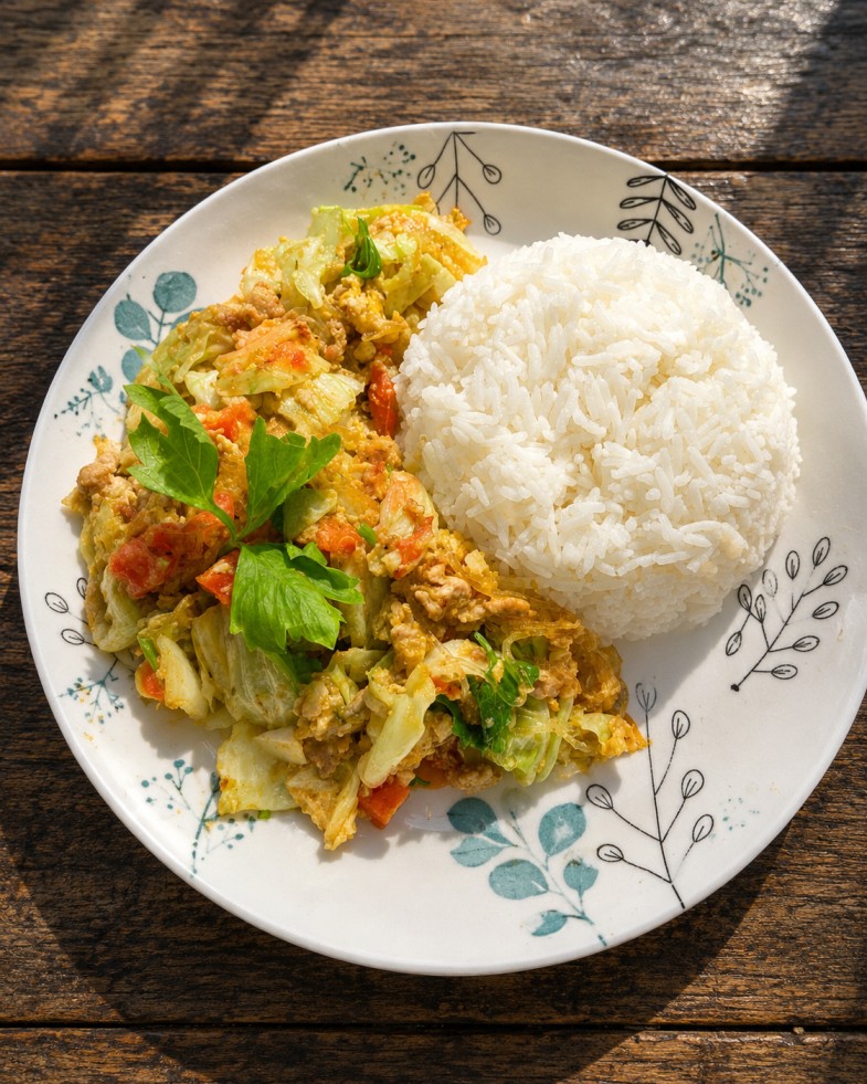 กะหล่ำปลีผัดไข่ราดข้าว (Stir-fried cabbage with egg and rice)