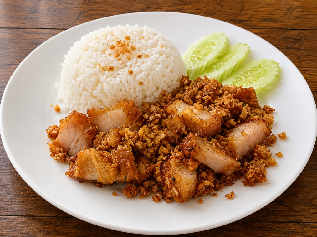 หมูกรอบคั่วพริกเกลือราดข้าว (Crispy pork stir-fried with chili and salt, served on the side)