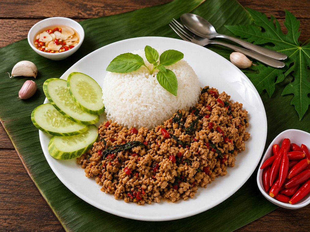 กะเพราหมูสับราดข้าว (Thai basil minced pork with rice)