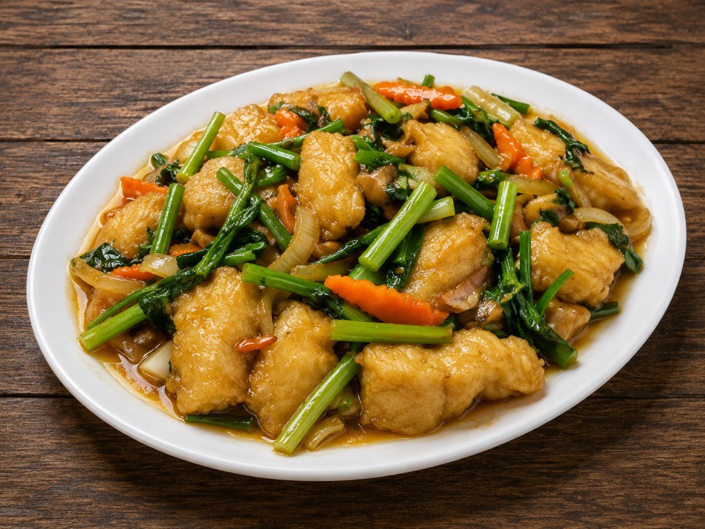 ปลากะพงผัดคื่นฉ่าย (Stir-fried sea bass with celery)