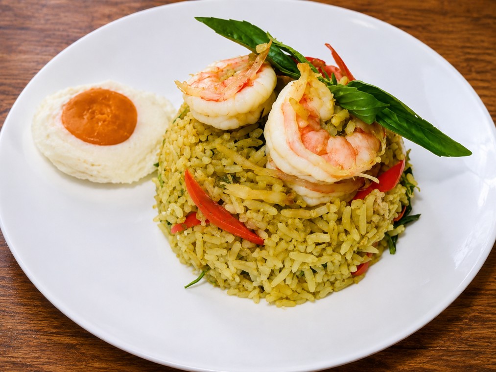 ข้าวผัดแกงเขียวหวานกุ้ง (Green curry fried rice with shrimp)