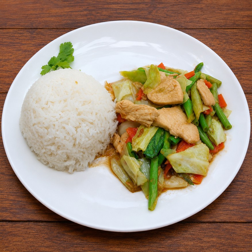ผัดผักรวมมิตรไก่ราดข้าว (Stir-fried mixed vegetables with chicken served over rice)