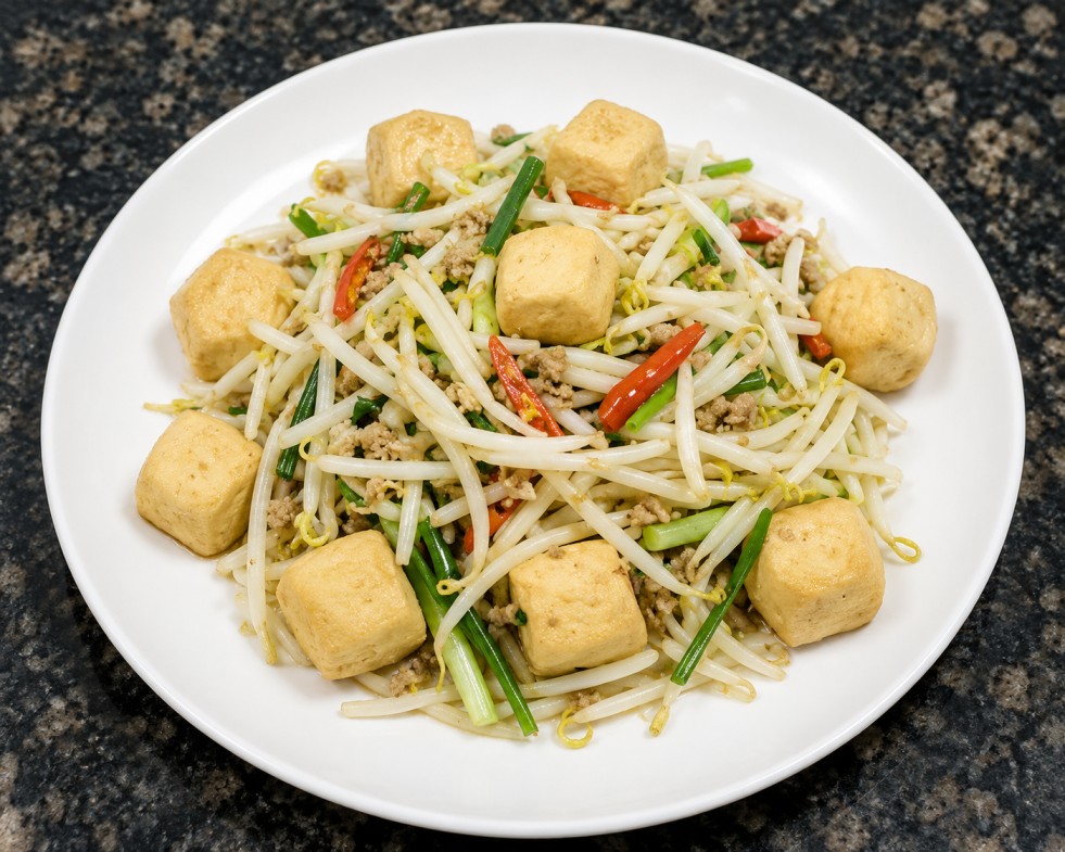 ผัดถั่วงอกใส่เต้าหู้ทอด (Stir-fried bean sprouts with fried tofu)