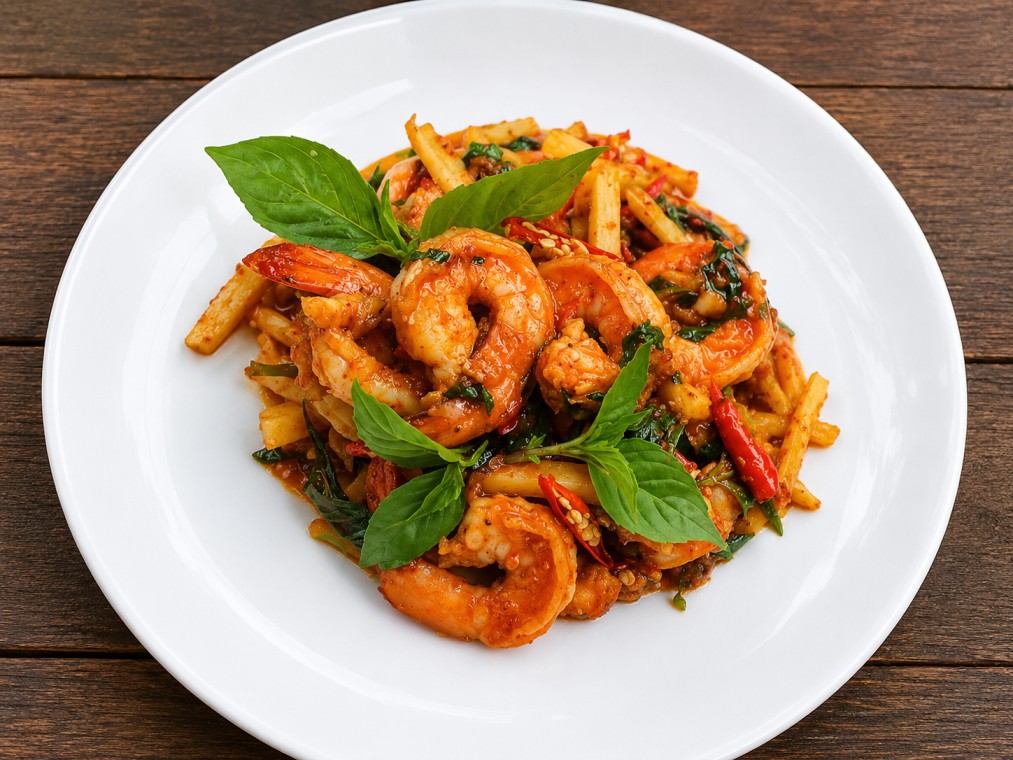 กุ้งผัดพริกแกงหน่อไม้ (Stir-fried shrimp with bamboo shoots and chili paste)
