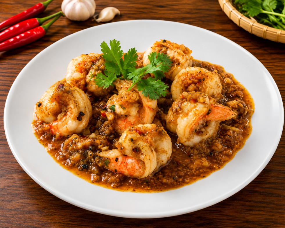 กุ้งผัดพริกไทยดำ (Stir-Fried Shrimp with Black Pepper Sauce)