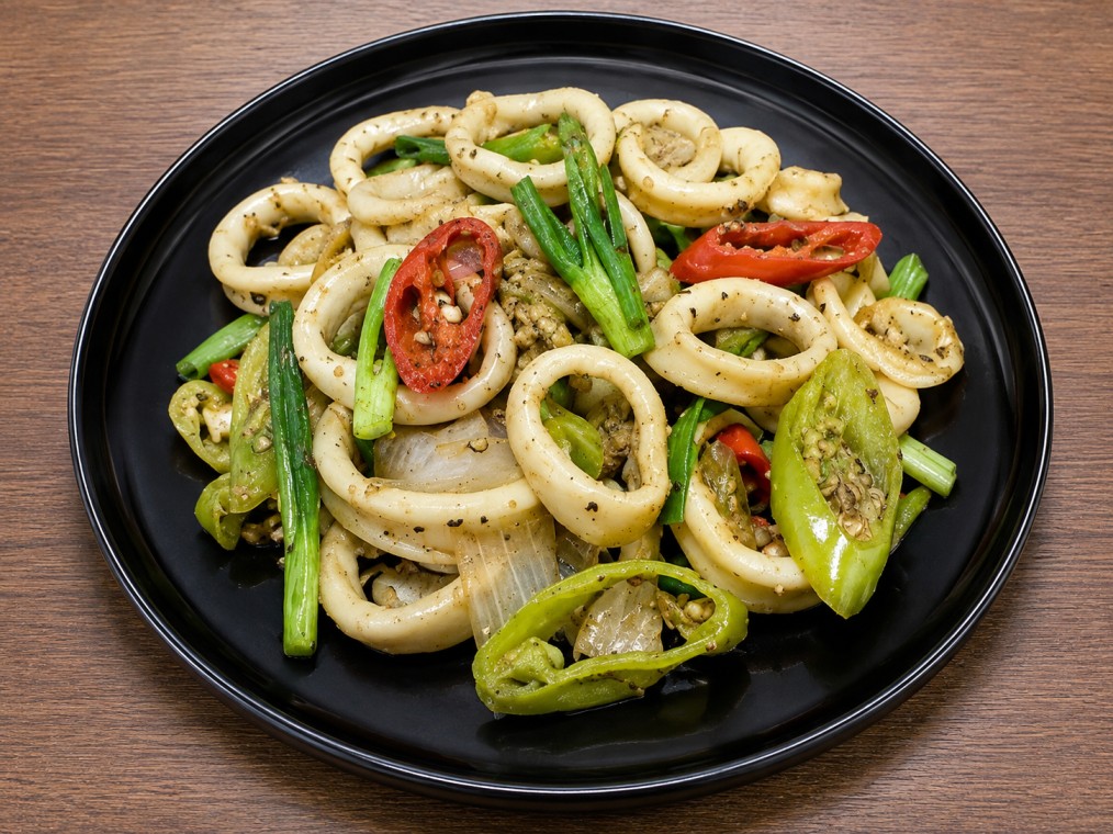 ปลาหมึกผัดพริกไทดำ (Stir-fried squid with black pepper)