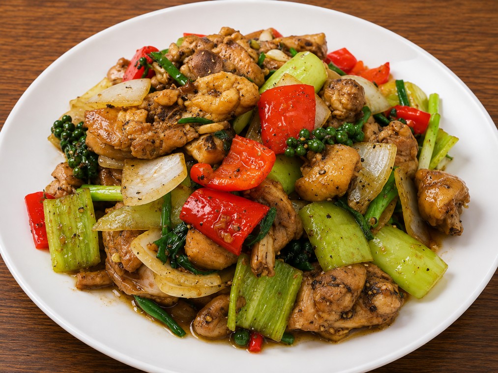 ไก่ผัดพริกไทยดำ (Chicken stir-fried with black pepper)