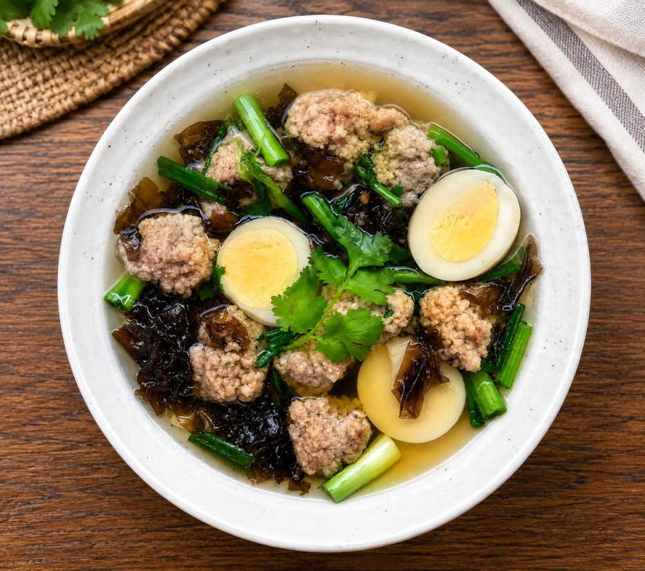 ต้มจืดเต้าหู้ไข่หมูสับใส่สาหร่าย (Clear soup with tofu, minced pork and seaweed)