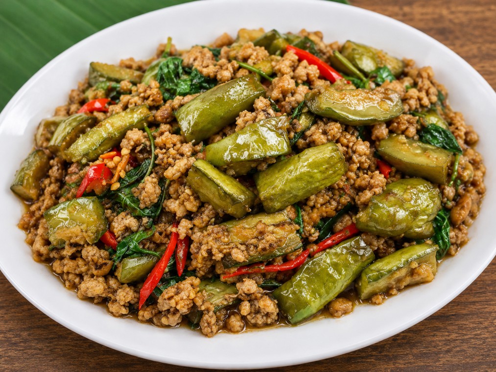 ผัดมะเขือยาวหมูสับใบกะเพรา (Stir-fried Minced Pork with Eggplant and Holy Basil)