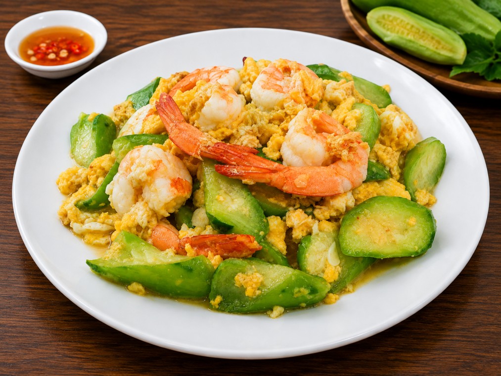 กุ้งผัดไข่ใส่แตงกวา (Stir-Fried Shrimp with Egg and Cucumber)
