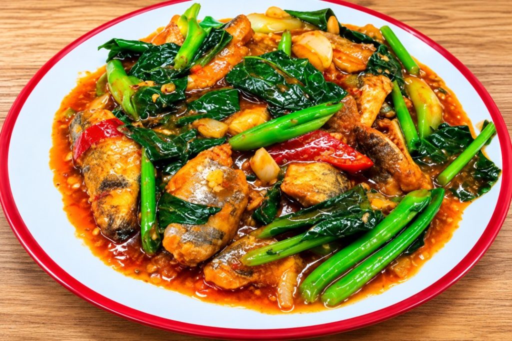 ผัดคะน้าปลากระป๋อง (Stir-fried kale with canned fish)