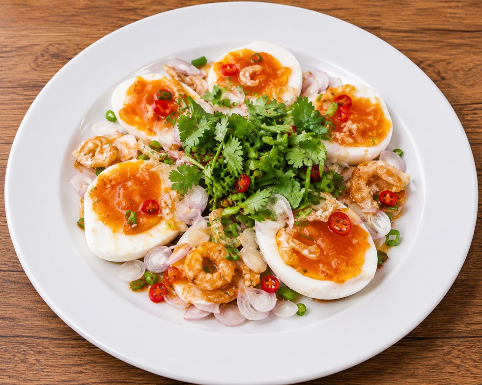ยำไข่ต้มกุ้ง (Spicy Egg and Shrimp Salad)