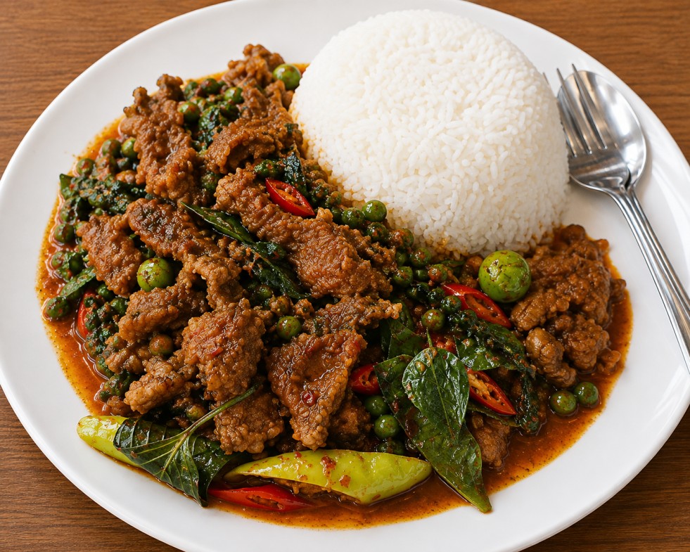ผัดเนื้อพริกไทยอ่อนมะเขือ (Stir-fried Beef with Green Peppercorns and Eggplant)