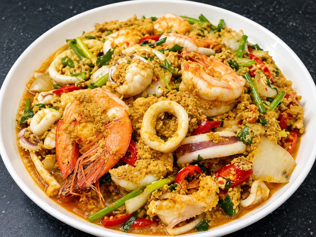 ทะเลผัดผงกะหรี่ (Seafood stir-fried with curry powder)