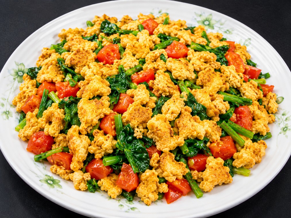 ผัดไข่ใส่คะน้าและมะเขือเทศ (Stir-fried Egg with Chinese Kale and Tomato)