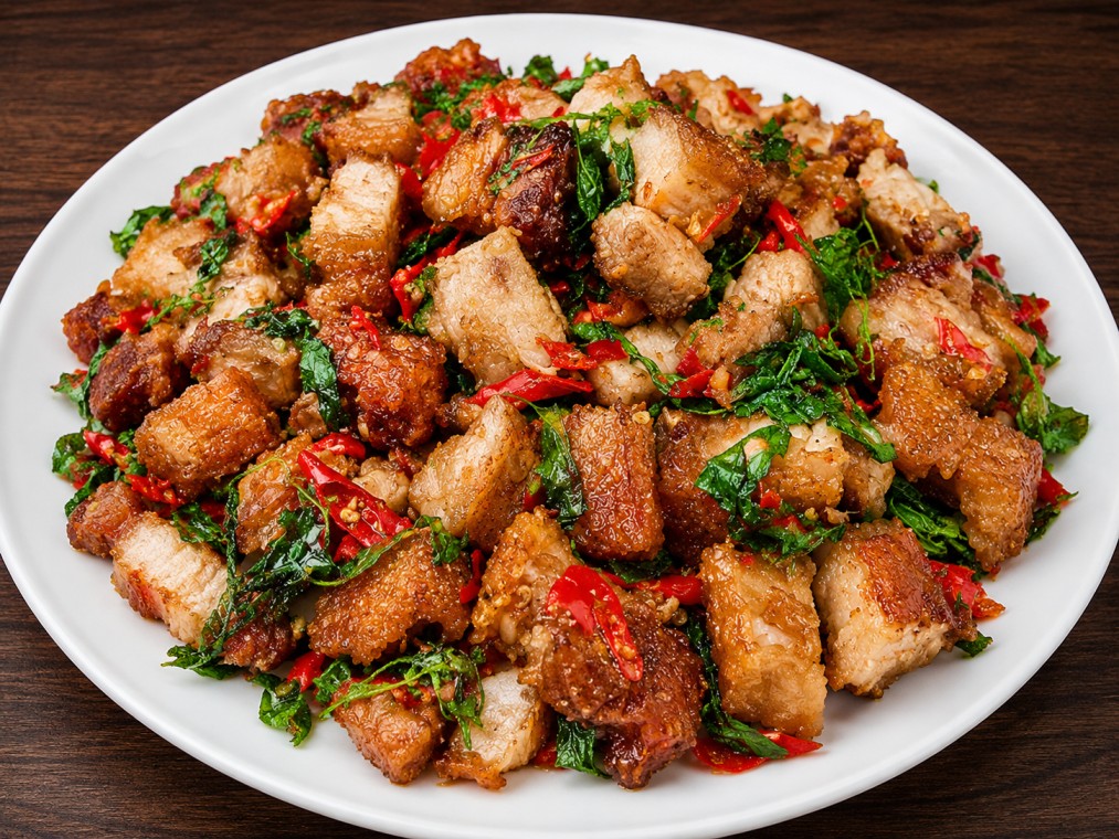 กะเพราหมูกรอบ (Stir-fried Crispy Pork with Holy Basil)