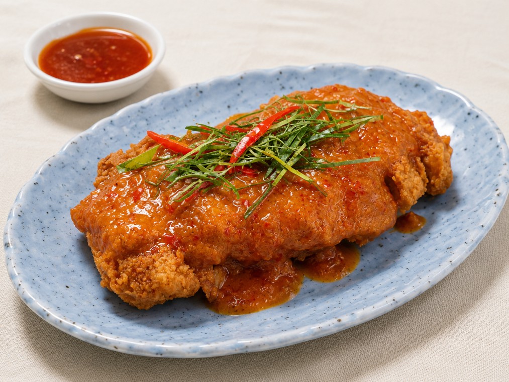 ไก่ทอดราดพริกแกง (Crispy Fried Chicken with Red Curry Sauce)