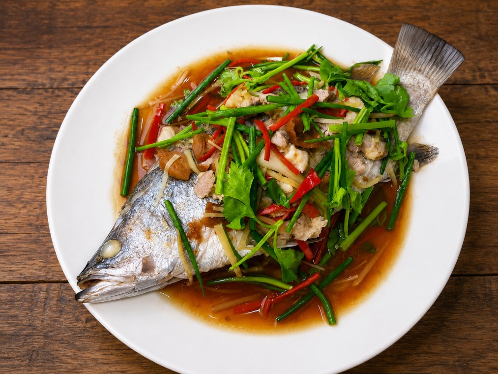 ปลานึ่งซีอิ๊ว (Steamed Fish with Soy Sauce)