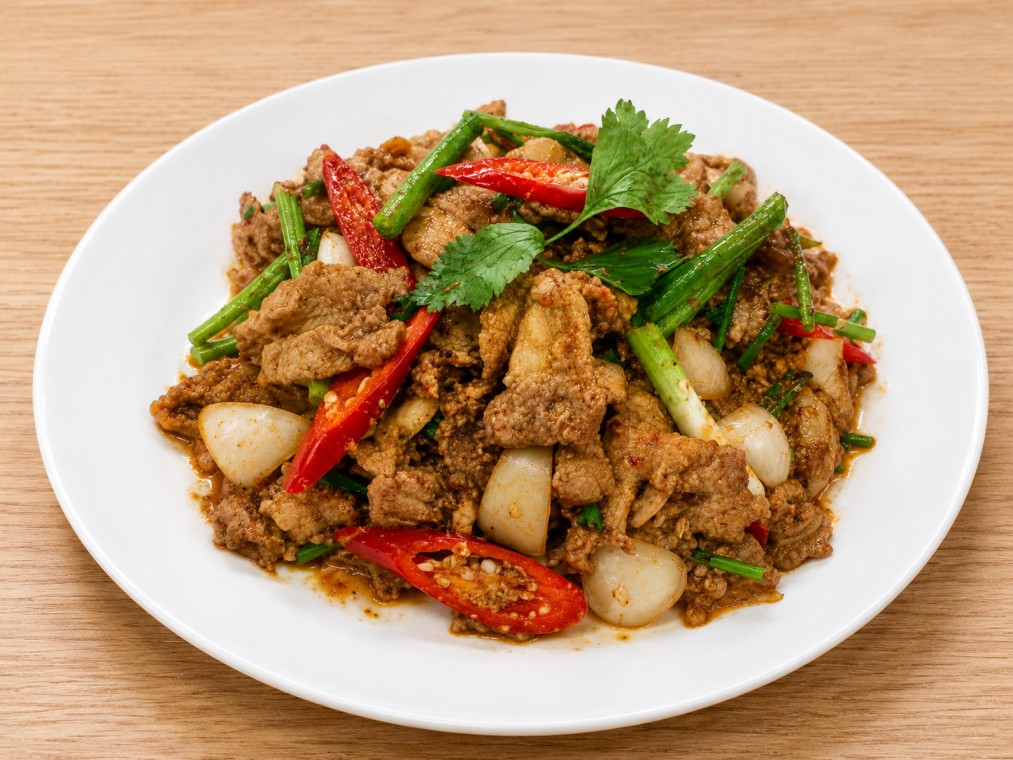 หมูผัดพริกแกง (Stir-Fried Pork with Red Curry Paste)