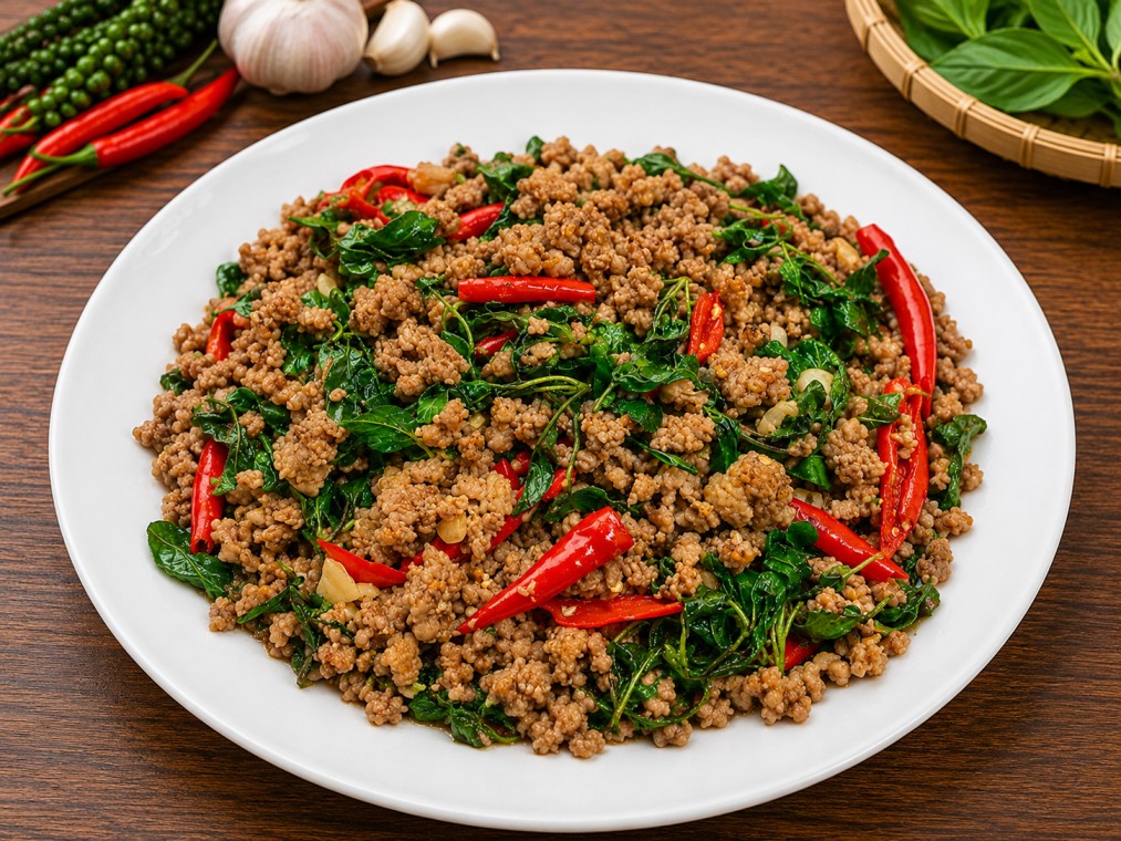 ผัดกะเพราหมูสับ (Stir-Fried Minced Pork with Holy Basil)