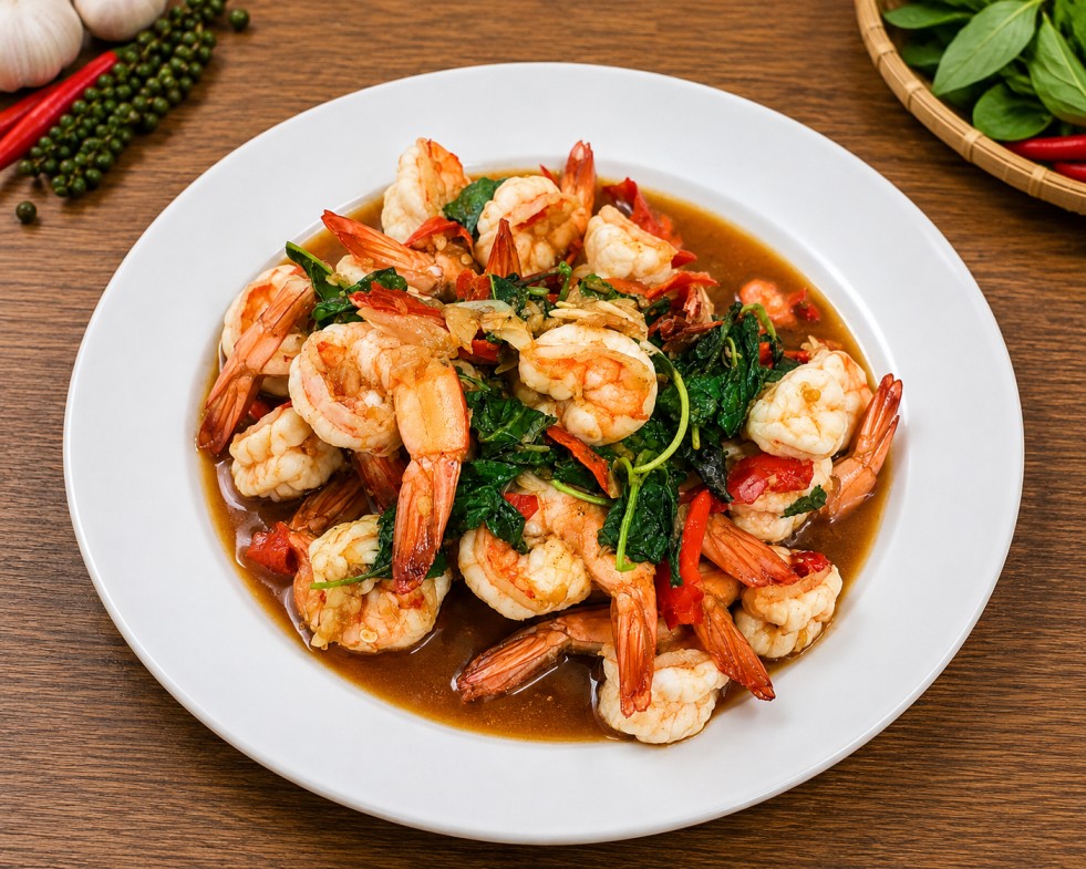 กุ้งผัดกะเพรา (Stir-fried Shrimp with Thai Basil)